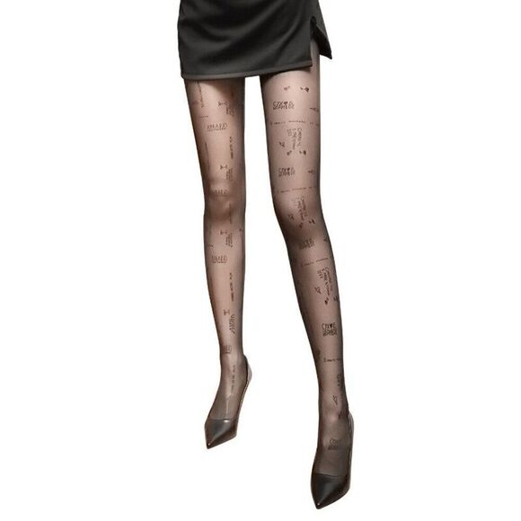 Funny Russian Text Letters Tattoo Printed Black Sheer Nylon Pantyhose Tights NEW - Picture 7 of 9